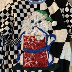 Blizzard Bay Black & White Checkered White Cat Present Pocket Ugly Sweater L